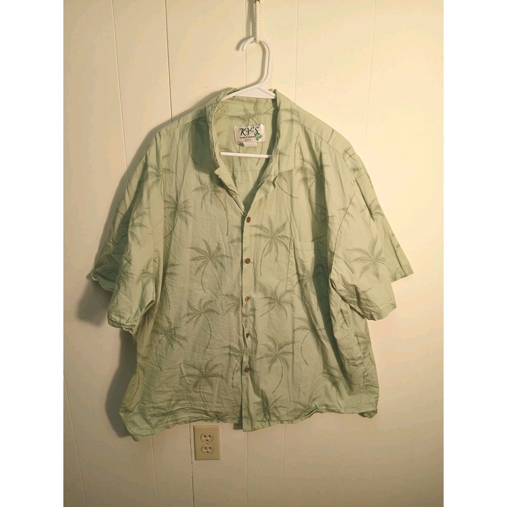 Vintage KY's Hawaiian Shirt Mens XLl Palm Trees Green Short Sleeve Cotton